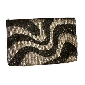 Vintage Walborg Wavy Design Beaded Mid Century Black & Silver Small Clutch